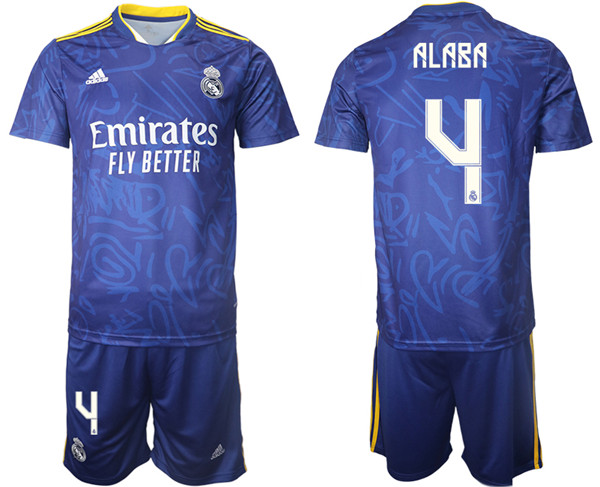 Men's Real Madrid #4 David Alaba 2021/22 Blue Away Soccer Jersey Suit